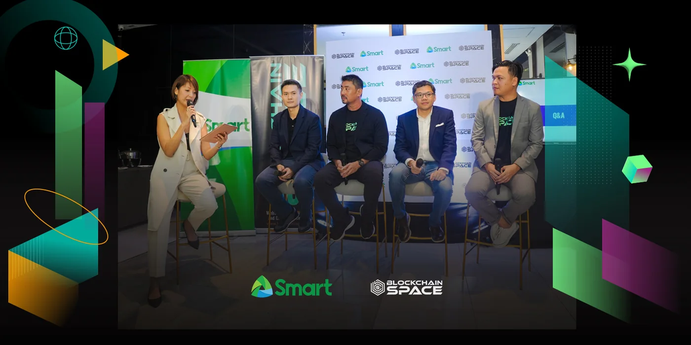The panel consisting of Dexter Chan, Smart AVP for Content Business Development; Peter Ing, BlockchainSpace founder and CEO; Lloyd Manaloto, Smart FVP and Head of Prepaid and Content; and Aspen Sañez, BlockchainSpace global head of marketing, answer questions from the media.