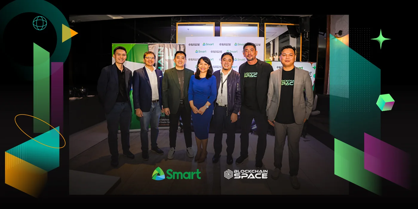 DICT Director Emmy Lou Delfin (middle) and Project Development Officer III Carlos Albornoz (fifth from left) join the executives of BlockchainSpace and Smart during the press conference announcing the partnership.